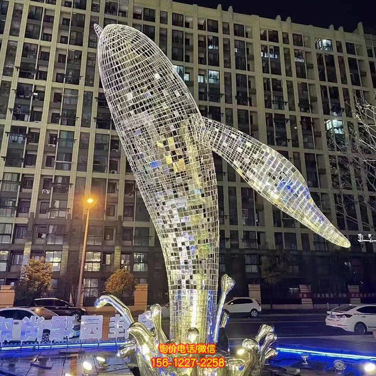 不銹鋼鯨魚(yú)，大型鐵藝鏤空網(wǎng)格鯨魚(yú)水景裝飾景觀