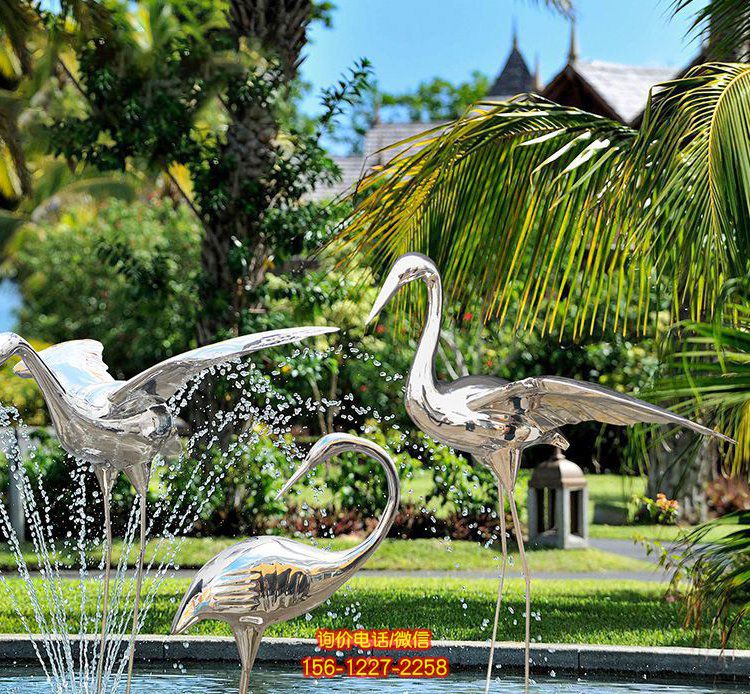 不銹鋼鏡面仙鶴，園林水景裝飾動物擺件